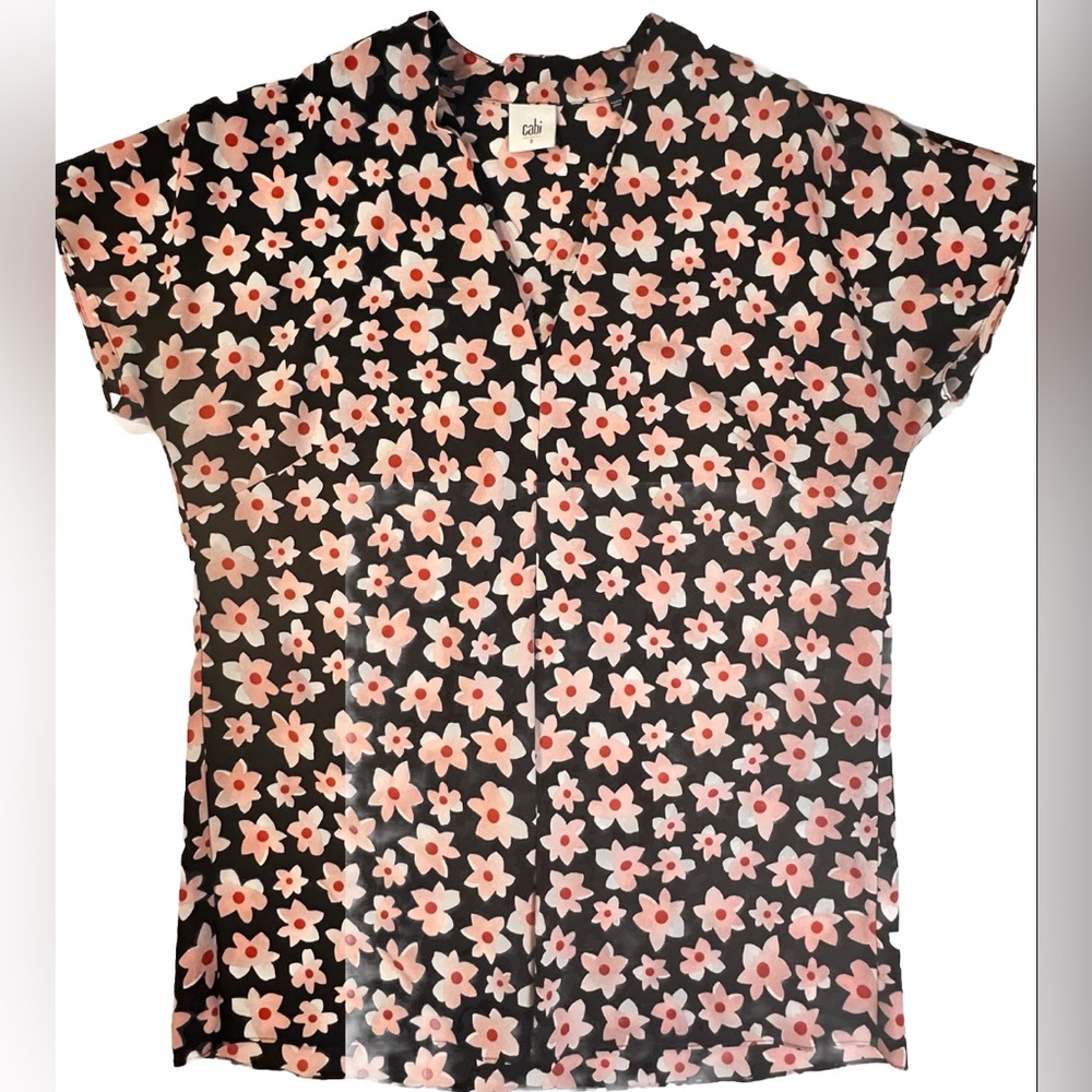 Cabi Harmony Blouse Black‎ Pink Floral Pleated Front Size Small Pre-owned